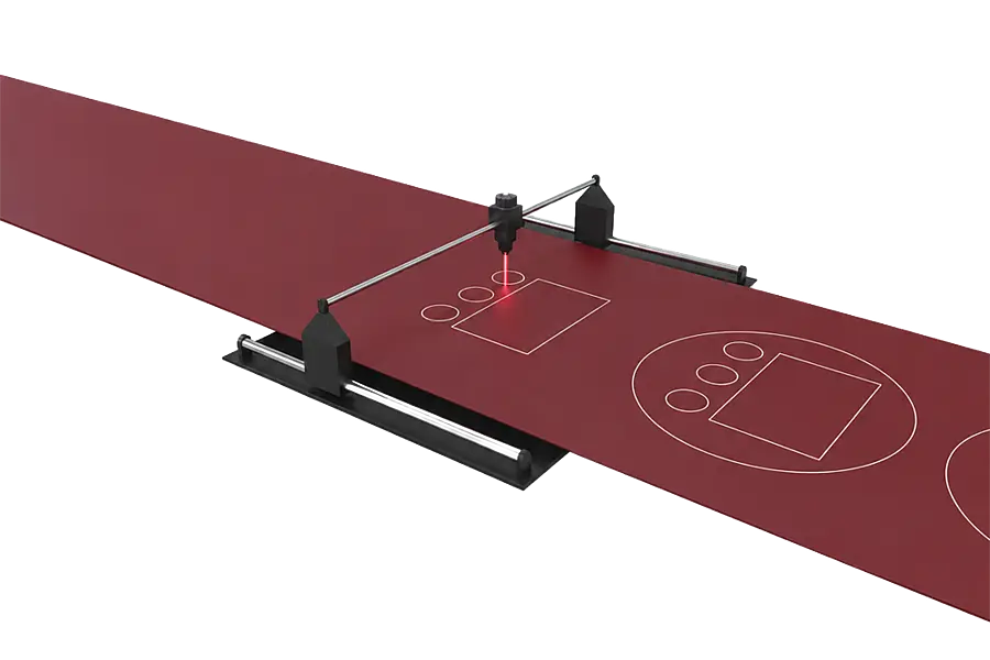 Illustration eines Laserstrahls über einer roten Materialbahn