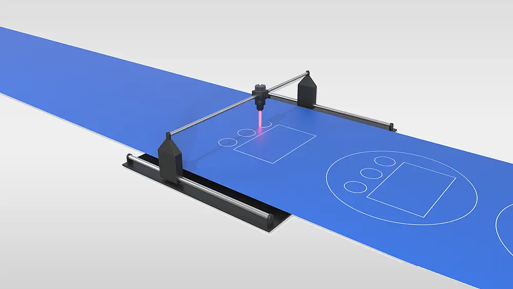 Illustration eines Lasers, der Konturen aus einer Materialbahn schneidet