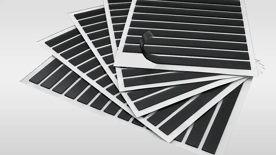 Schwarze EPDM-Streifen auf mehreren Trägerbögen