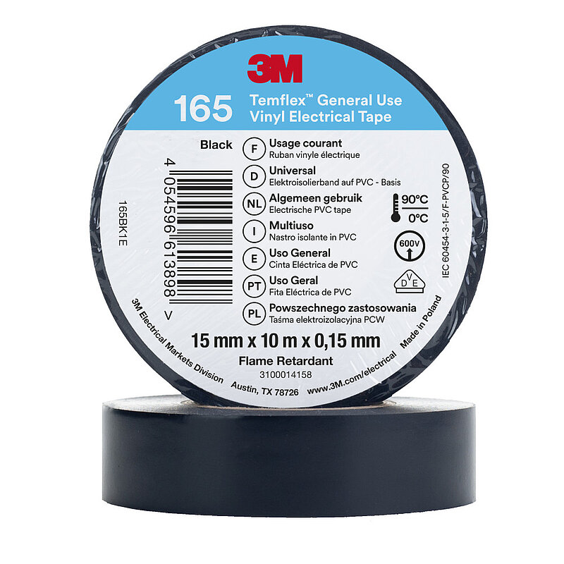 3M Temflex Vinyl-Isolierband 165, Schwarz, 15 mm x 10 m