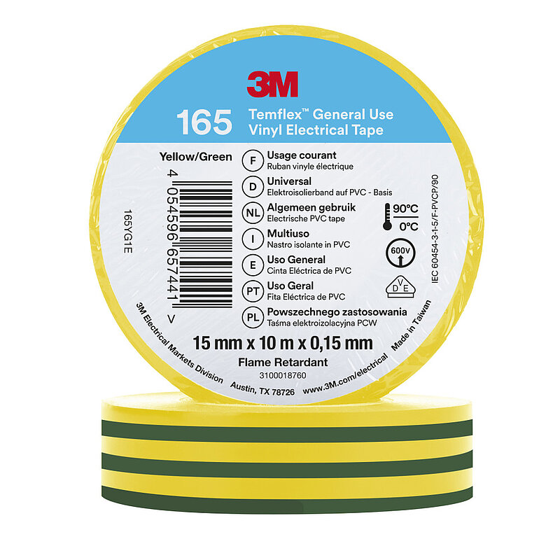 3M Temflex Vinyl-Isolierband 165, Grün/Gelb, 15 mm x 10 m