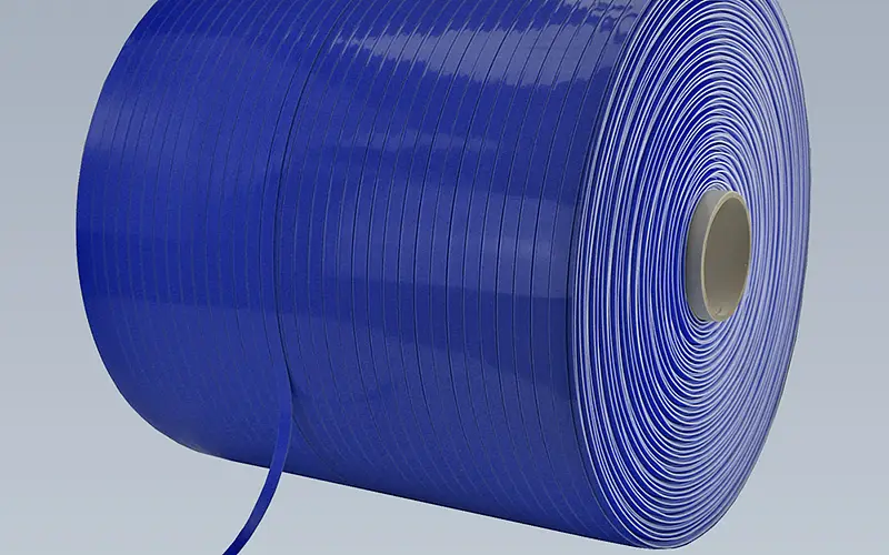 Fertige blaue Kreuzspule mit schmalem abgewickeltem Band