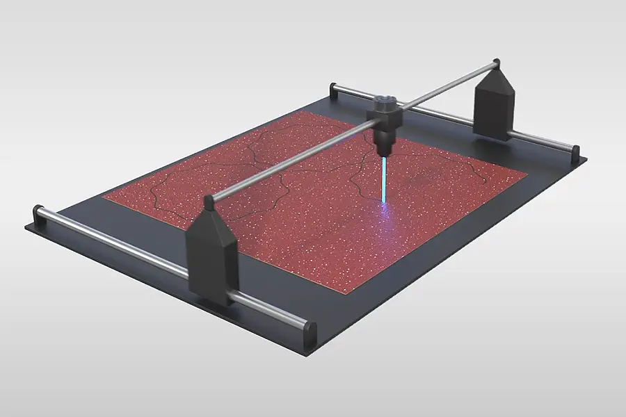 Illustration eines Lasers, der Konturen aus Schleifmittel auf Unterlage schneidet