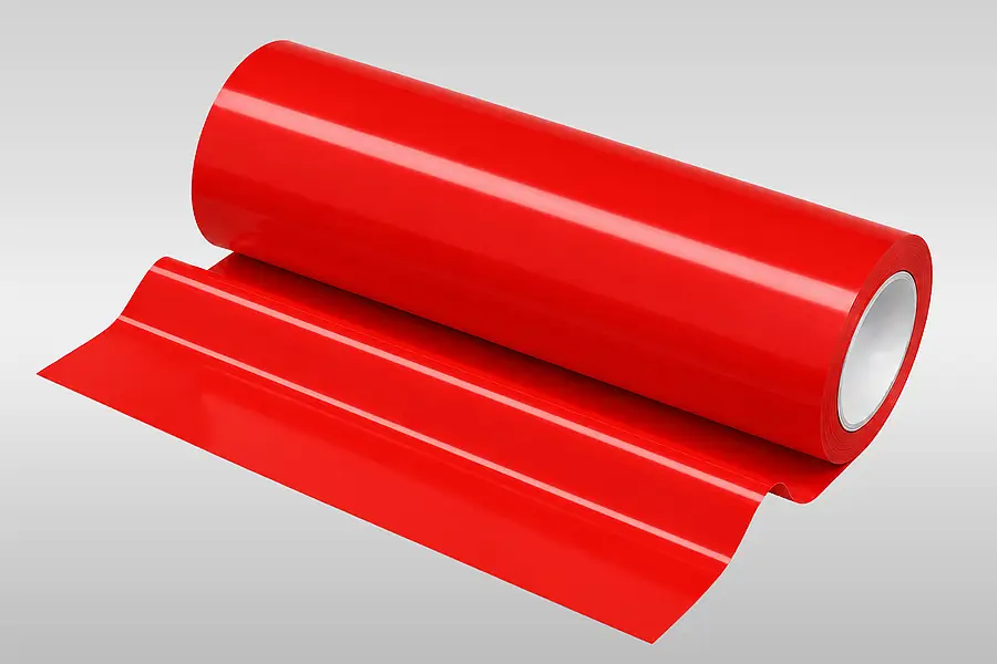 Rote glänzende PVC-Folie von einer Rolle abgewickelt
