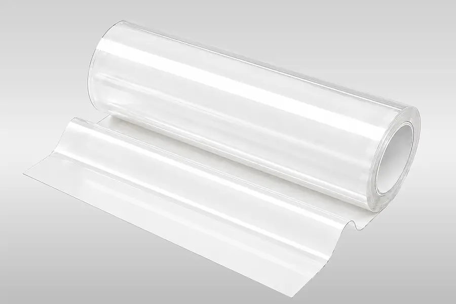 Transparente Polycarbonatfolie als Rolle mit abgewickelter Folienbahn