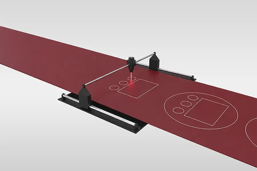 Illustration eines Lasers über einer rötlichen Gummibahn