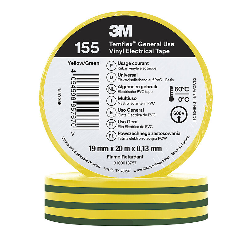 3M Temflex Vinyl-Isolierband 155, Grün/Gelb, 19 mm x 20 m