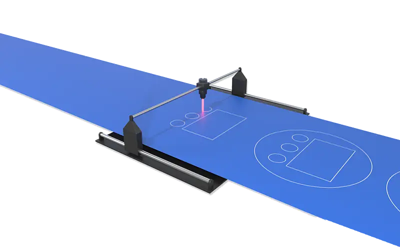 Illustration einer Laseranlage beim Schneiden einer Materialbahn
