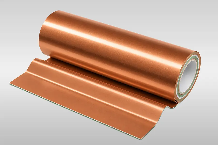 Kupferfarbene Folienlage wird von einer Rolle abgewickelt