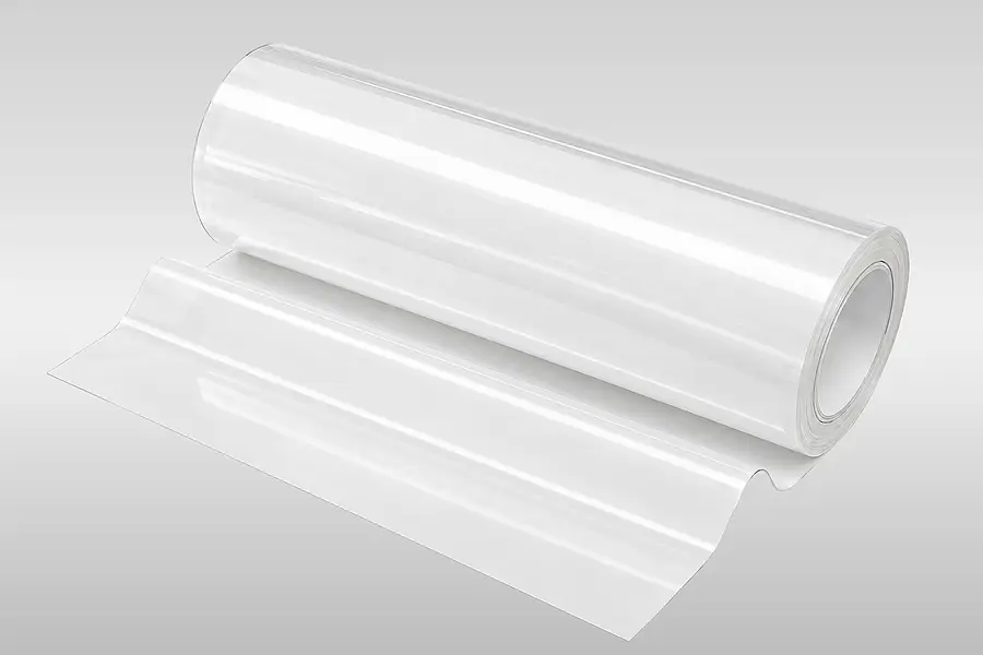 Transparente PE-Folie auf einer Rolle mit abgewickelter Bahn