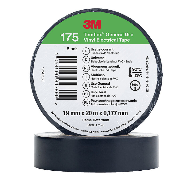3M Temflex Vinyl-Isolierband 175, Schwarz, 19 mm x 20 m