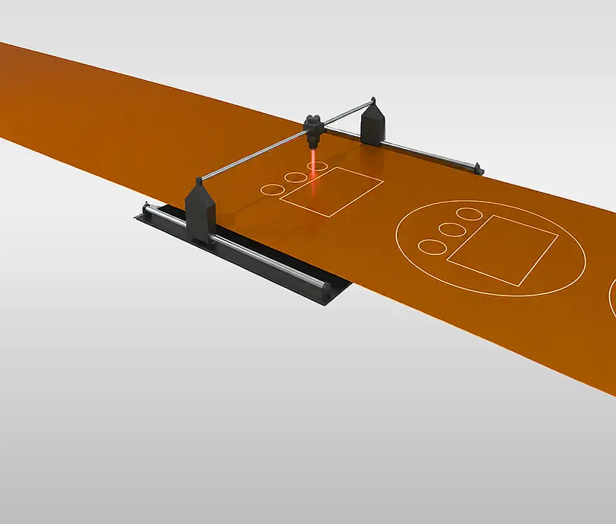Illustration eines Laserstrahls, der Konturen und Innenöffnungen in eine Folienbahn schneidet
