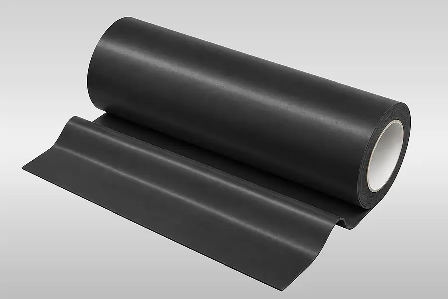 Schwarze Gummibahn ist als elastisches Vormaterial von einer Rolle abgewickelt