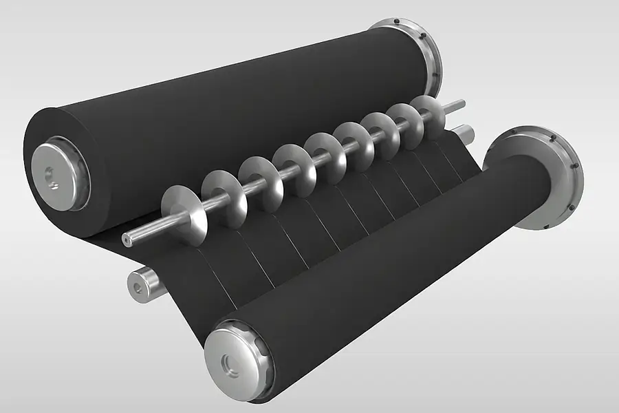 Illustration einer dunklen Elastomerbahn bei der Rollenbearbeitung