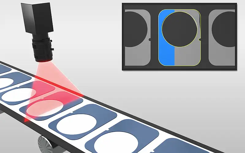 Illustration einer optischen Prüfung an einer Materialbahn