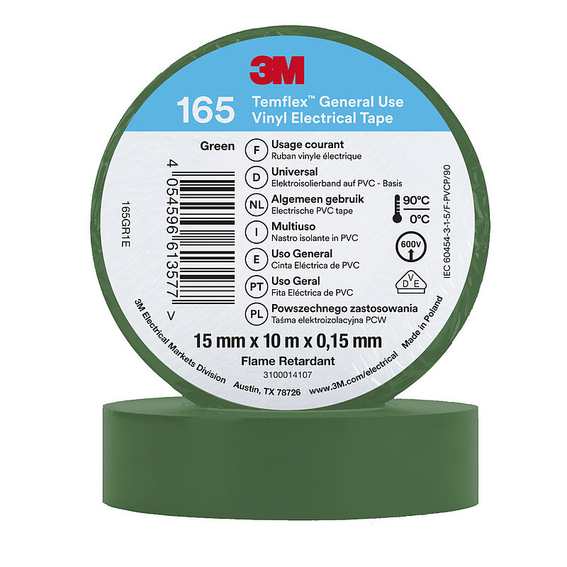 3M Temflex Vinyl-Isolierband 165, Grün, 15 mm x 10 m