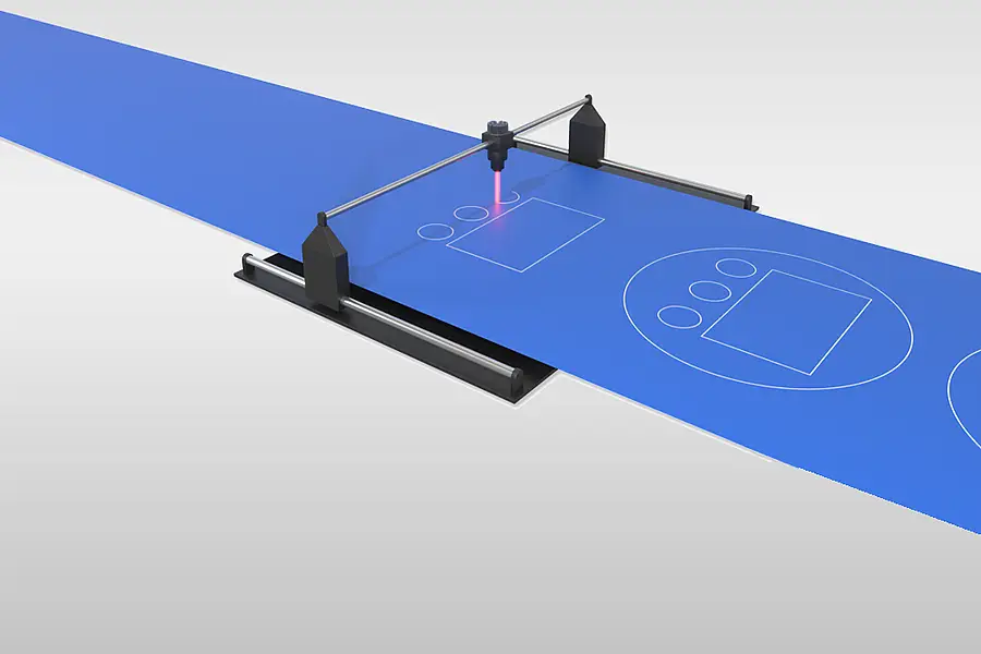 Illustration eines Lasers, der Konturen aus blauem Klebeband schneidet