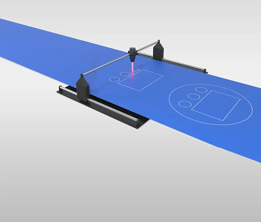 Illustration eines Laserstrahls, der Konturen in ein blaues Klebeband schneidet