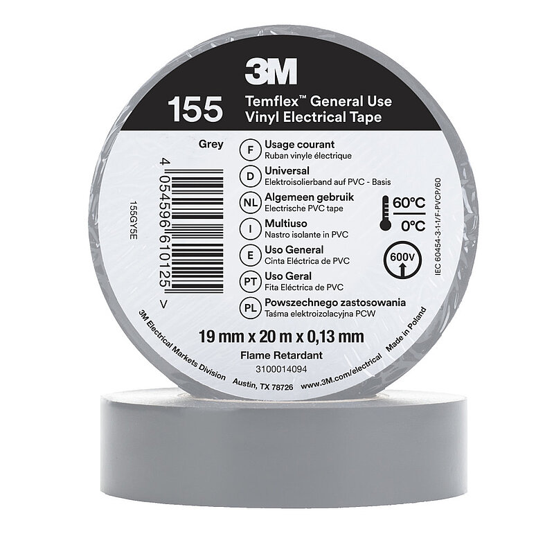 3M Temflex Vinyl-Isolierband 155, Grau, 19 mm x 20 m
