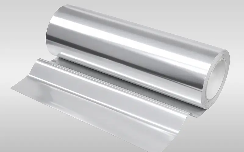 Metallisch glänzende Folienbahn auf einer Rolle als Materialbeispiel