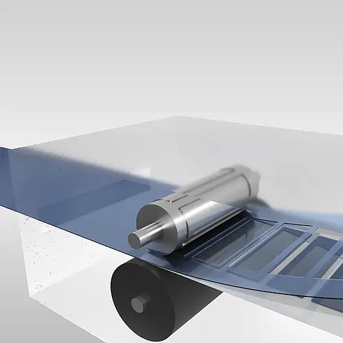 Illustration einer Materialbahn mit Formteilen unter einer transparenten Abdeckung