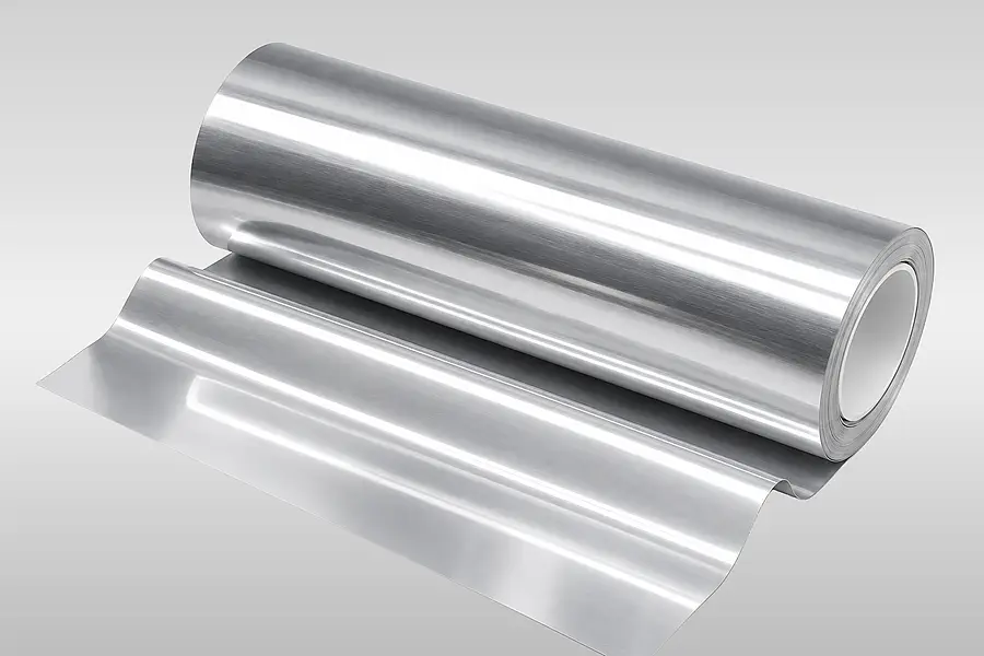Silbrig glänzende Aluminiumfolie auf einer Rolle