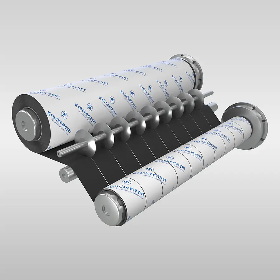 Illustration einer Materialbahn, die zu schmalen Rollen verarbeitet wird