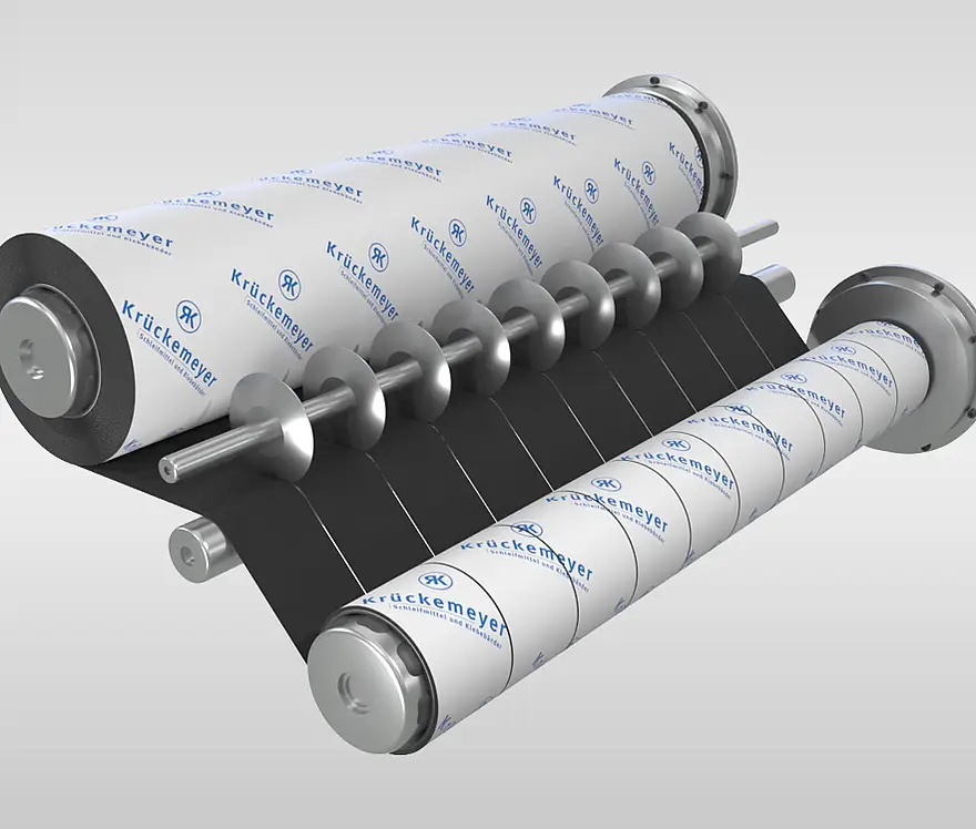 Illustration einer Materialbahn, die zwischen Rollen in schmalere Klebebandbahnen geteilt wird