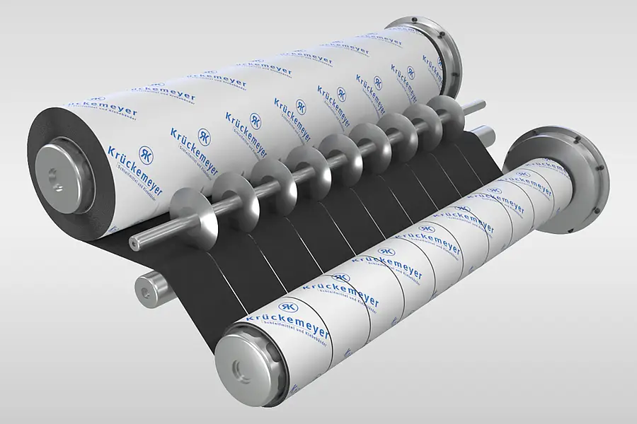 Illustration einer Materialbahn, die zu schmalen Rollen verarbeitet wird