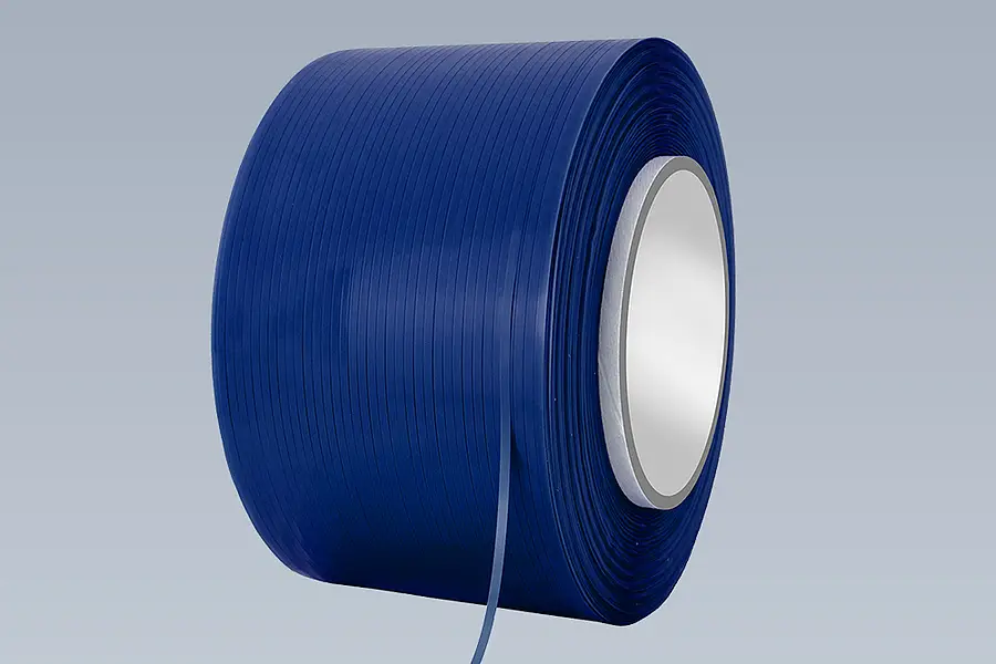 Dunkelblaue Kreuzspule mit schmalen parallelen Bandlagen