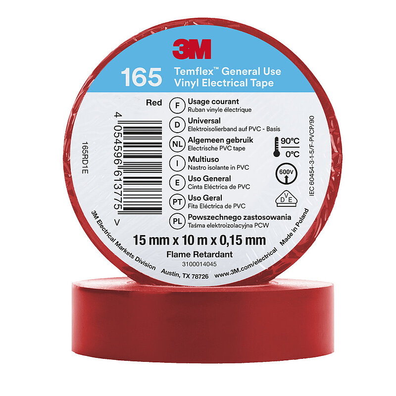 3M Temflex Vinyl-Isolierband 165, Rot, 15 mm x 10 m
