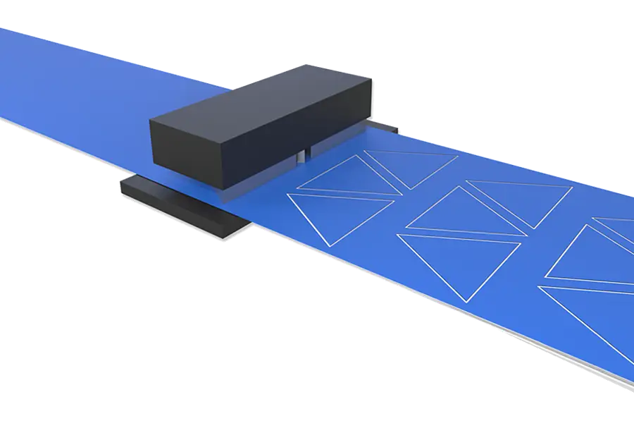 Freigestellte Illustration eines Hubstanzwerkzeugs über einer Materialbahn